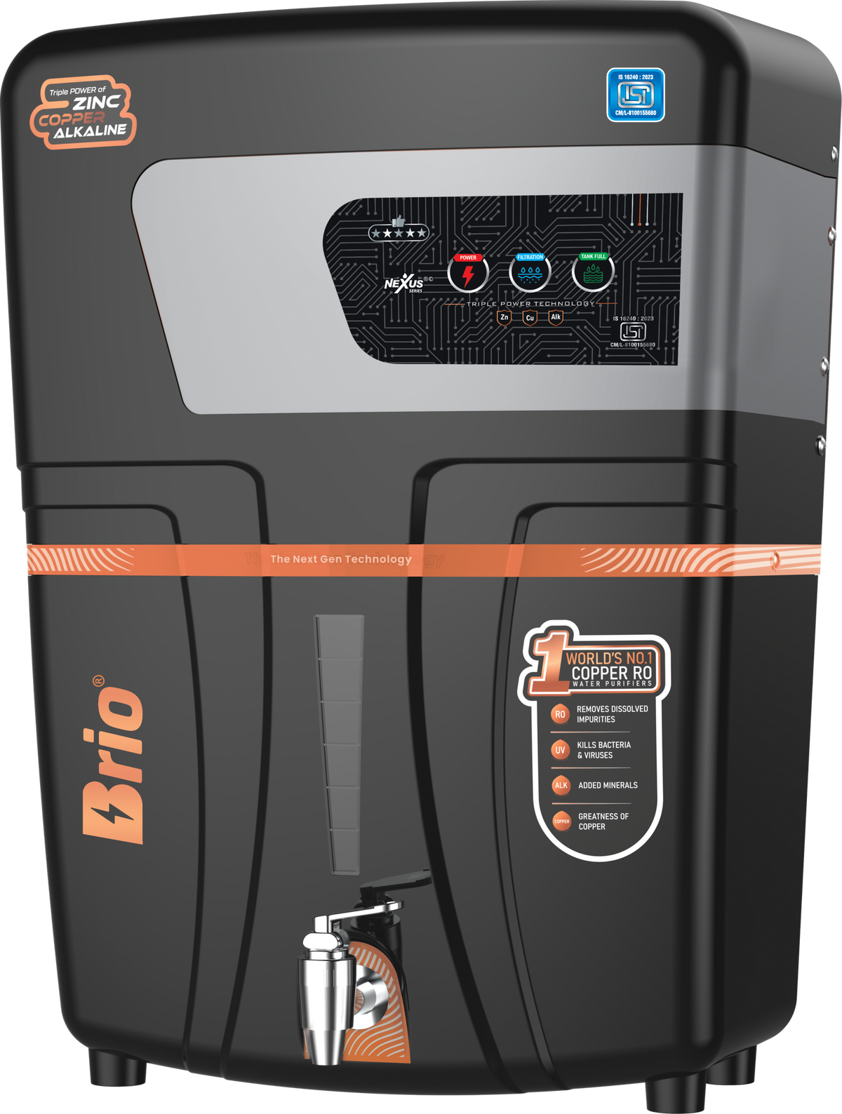 Nexus Brio RO+UV water purifier, black and silver