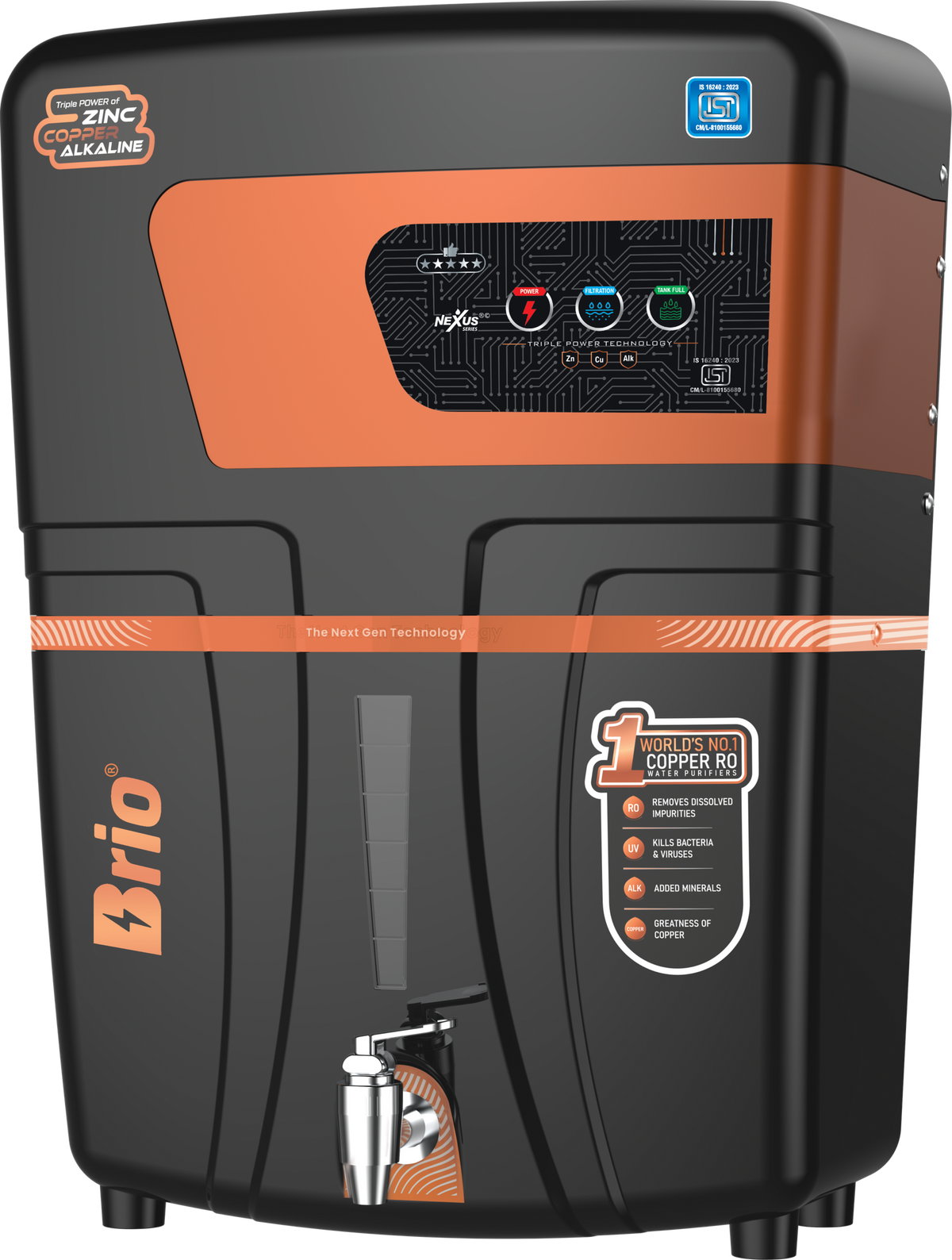 Nexus Brio RO+UV water purifier, black and copper