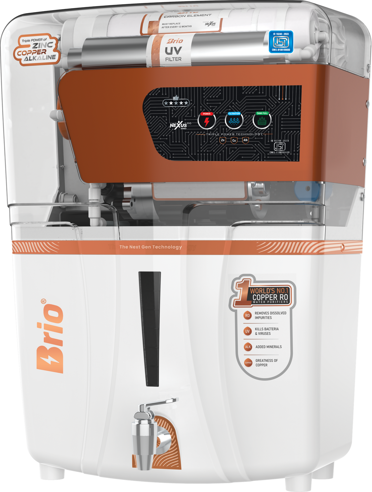 Nexus Brio RO+UV water purifier, white and copper
