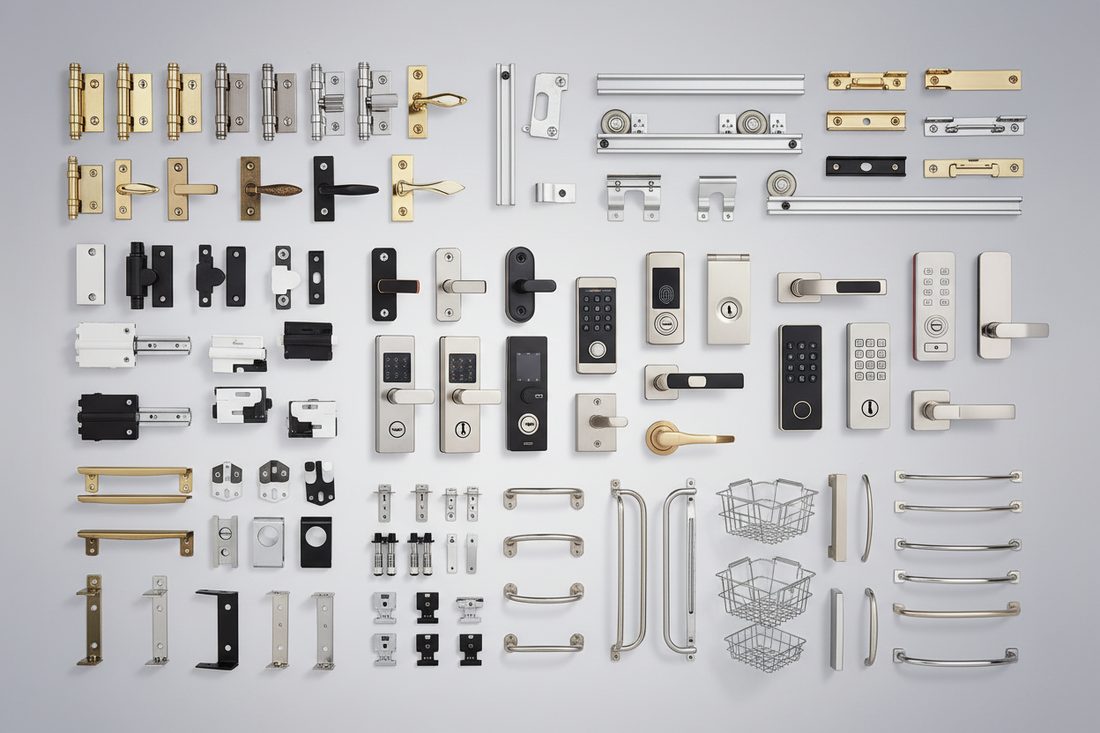 need all hardware fittings like hinges, hikido, wardrobe fittings, digital locks, mortise, furniture fittings, bed fittings, kitchen fittings in one image for product category on home page